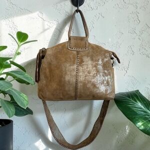 Hobo Sheila Metallic Tan Gold Leather Satchel Whipstitch Tassel Crossbody Bag